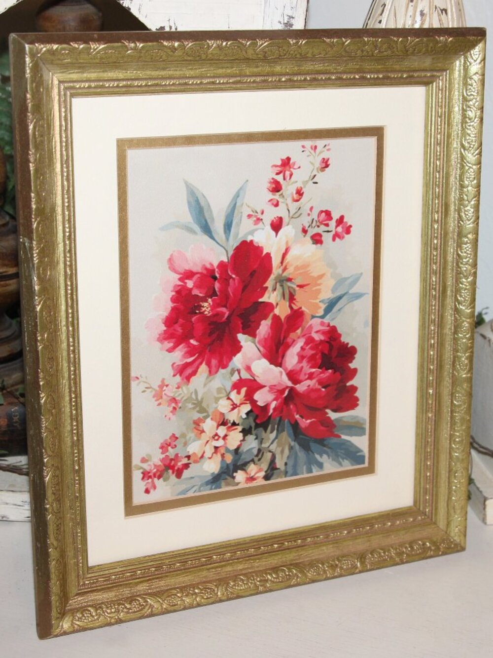 Gorgeous Shabby French Floral Victorian Wall Decor Picture in Vintage Gold Frame